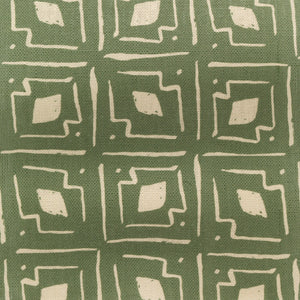 Lulu linen by Parker and Jules in dark green, draped, showing a geometric square print
