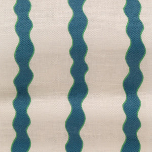 Scroll Stripe linen by Parker and Jules in blue, flat sample of wavy scroll stripes