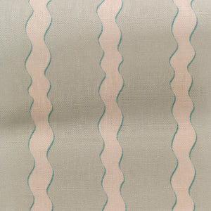 Scroll Stripe linen by Parker and Jules in cream and teal, full repeat of wavy scroll stripes