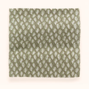 Trees II linen by Parker and Jules in green, draped, showing tiny stylised trees
