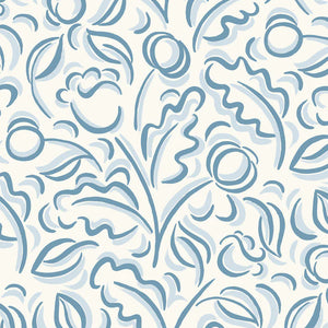 Faustine Blue wallpaper by Claire de Quénetain in blue, full repeat of leafy scrolls