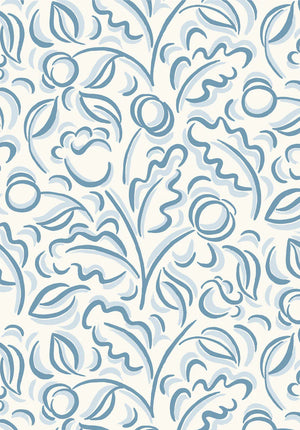 Faustine Blue wallpaper by Claire de Quénetain in blue, full repeat of leafy scrolls