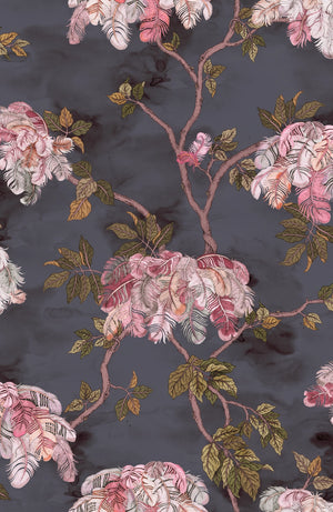 Feather Palm wallpaper by Brand McKenzie in charcoal, detail of peony blossoms and palms