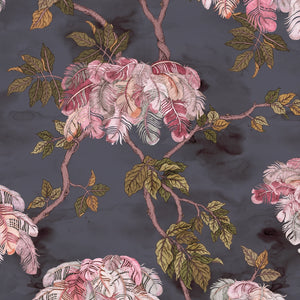 Feather Palm wallpaper by Brand McKenzie in charcoal, close-up of peony blossoms and palms