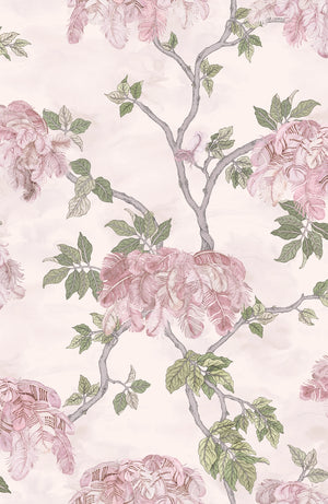 Feather Palm wallpaper by Brand McKenzie in pink, pattern detail of peony blossoms and palms