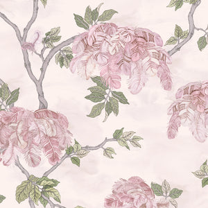 Feather Palm wallpaper by Brand McKenzie in pink, close view of peony blossoms and palms