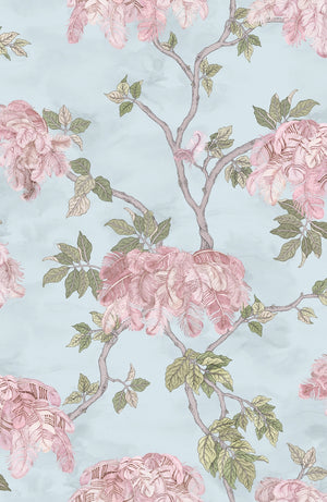 Feather Palm wallpaper by Brand McKenzie in blue, detail of peony blossoms and palms