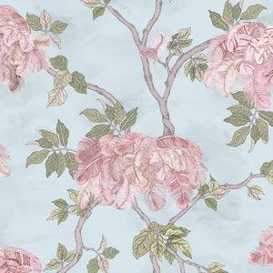 Feather Palm wallpaper by Brand McKenzie in blue, close-up of peony blossoms and palms