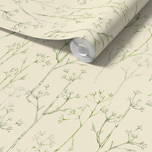 Sweet Herb Fennel wallpaper by Seed Home Designs in white, sample roll showing delicate fennel stems
