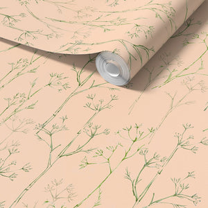 Sweet Herb Fennel wallpaper by Seed Home Designs in pink, roll showing delicate fennel stems