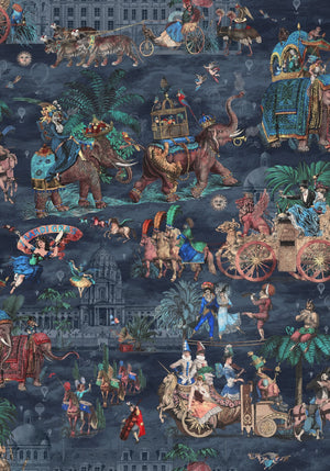 Fiesta wallpaper by Brand McKenzie in coral and navy, detail of a festive procession of elephants