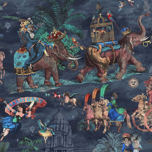 Fiesta wallpaper by Brand McKenzie in coral and navy, close-up of a festive procession of elephants