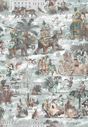 Fiesta wallpaper by Brand McKenzie in cream, pattern detail of a festive procession of elephants