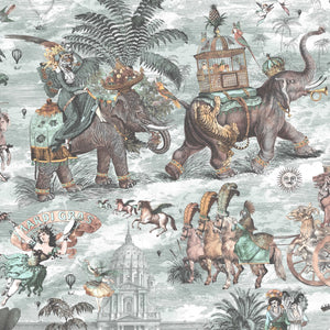Fiesta wallpaper by Brand McKenzie in cream, close view of a festive procession of elephants