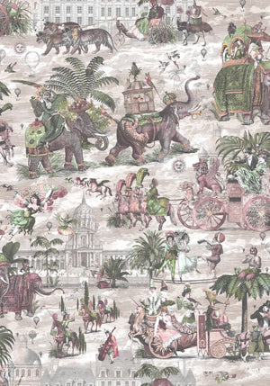 Fiesta wallpaper by Brand McKenzie in cream and pink, detail of a festive procession of elephants