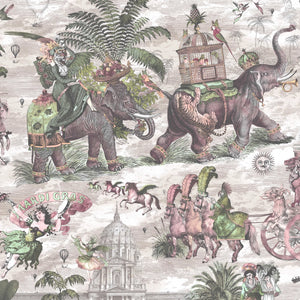 Fiesta wallpaper by Brand McKenzie in cream and pink, close-up of a festive procession of elephants