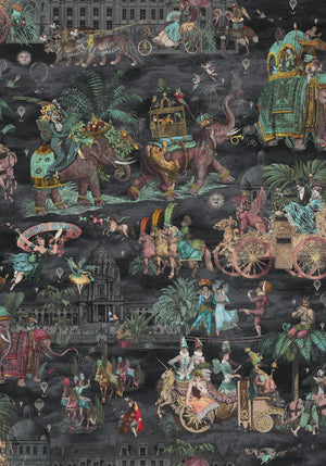 Fiesta wallpaper by Brand McKenzie in charcoal, detail of a festive procession of elephants
