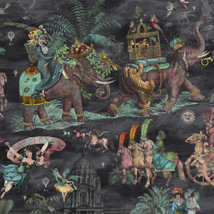 Fiesta wallpaper by Brand McKenzie in charcoal, close-up of a festive procession of elephants