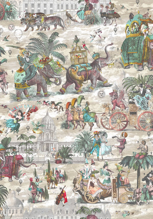 Fiesta wallpaper by Brand McKenzie in cream, detail of a festive procession of elephants
