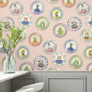 Fine China wallpaper by Brand McKenzie in pink, decorative china plates in a dining area