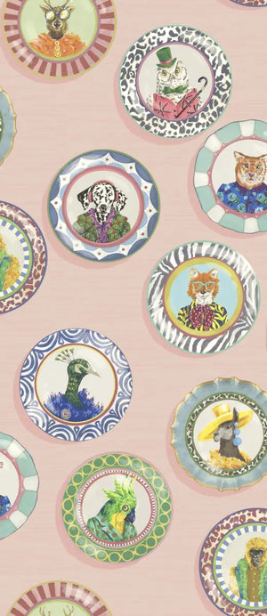 Fine China wallpaper by Brand McKenzie in pink, close-up of decorative china plates