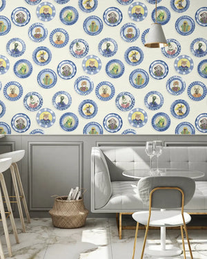 Fine China wallpaper by Brand McKenzie in blue and white, decorative china plates in a dining area