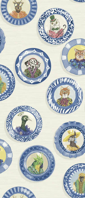 Fine China wallpaper by Brand McKenzie in blue and white, detail of decorative china plates