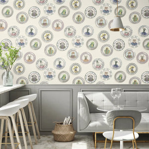 Fine China wallpaper by Brand McKenzie in white, decorative china plates in a dining room