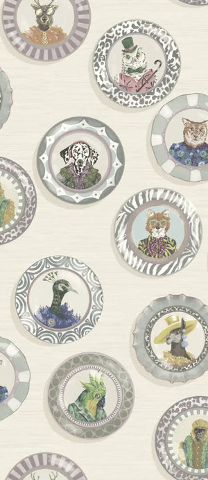 Fine China wallpaper by Brand McKenzie in white, close view of decorative china plates