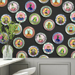 Fine China wallpaper by Brand McKenzie in charcoal, decorative china plates in a dining area