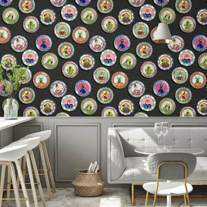 Fine China wallpaper by Brand McKenzie in black, decorative china plates behind a dining table