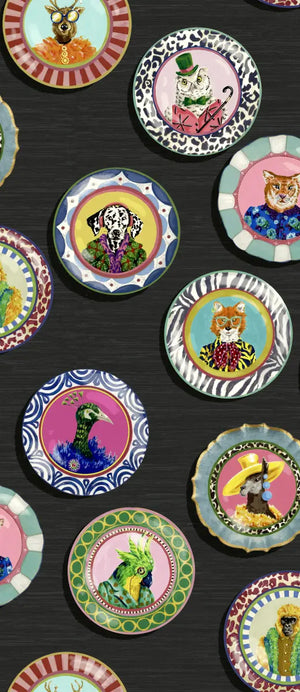 Fine China wallpaper by Brand McKenzie in black, pattern detail of decorative china plates