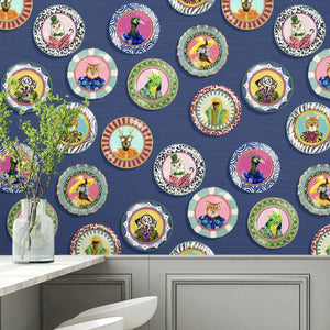 Fine China wallpaper by Brand McKenzie in blue, decorative china plates in a dining room