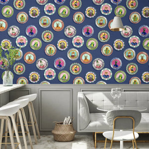 Fine China wallpaper by Brand McKenzie in blue, decorative china plates in a dining area