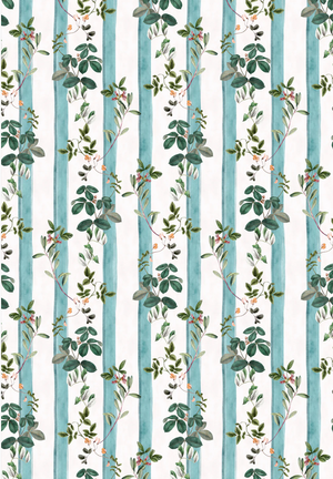 Little Fiorita Stripe wallpaper by Deus ex Gardenia in teal and white, flat sample of floral vine stripes