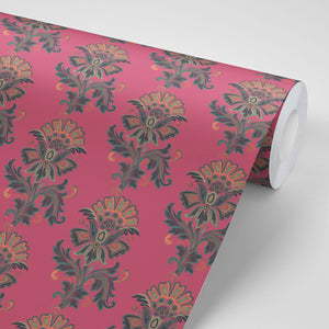 Fleur wallpaper by Tatie Lou in pink, roll showing stylised flower sprays