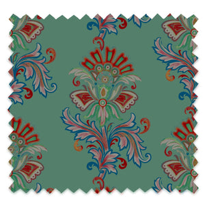 Fleur velvet by Tatie Lou in sage green, full repeat of stylised flower sprays