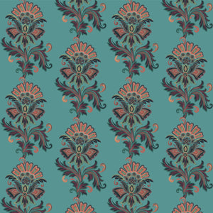 Fleur wallpaper by Tatie Lou in teal, flat sample of stylised flower sprays