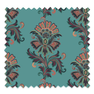 Fleur velvet by Tatie Lou in teal, flat sample of stylised flower sprays