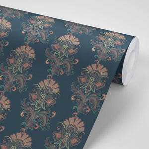 Fleur wallpaper by Tatie Lou in navy, sample roll showing stylised flower sprays