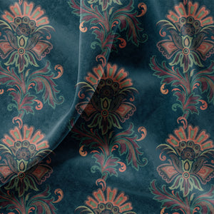 Fleur velvet by Tatie Lou in navy, draped close-up of stylised flower sprays