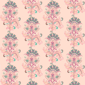 Fleur wallpaper by Tatie Lou in pink, flat sample of stylised flower sprays