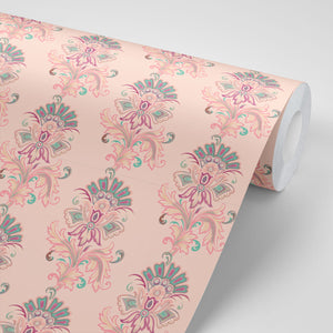 Fleur wallpaper by Tatie Lou in teal, roll showing stylised flower sprays