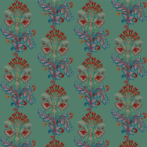 Fleur wallpaper by Tatie Lou in sage green, flat sample of stylised flower sprays