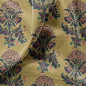 Fleur velvet by Tatie Lou in mustard, draped close-up of stylised flower sprays