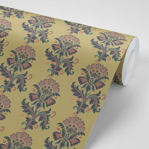 Fleur wallpaper by Tatie Lou in mustard, pattern sample of stylised flower sprays