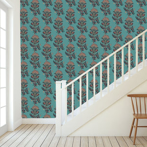 Fleur wallpaper by Tatie Lou in teal, stylised flower sprays in a hallway