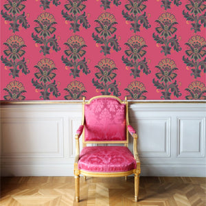 Fleur wallpaper by Tatie Lou in pink, stylised flower sprays in a living room