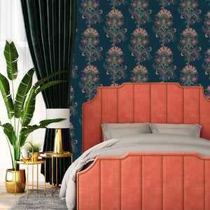Fleur wallpaper by Tatie Lou in navy, stylised flower sprays in a bedroom