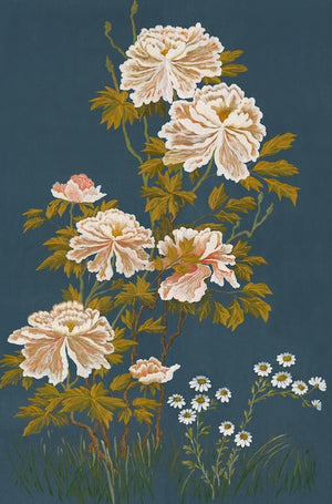 Whispers of Peony wallpaper by Dami and Em Design in blue, full repeat of peonies